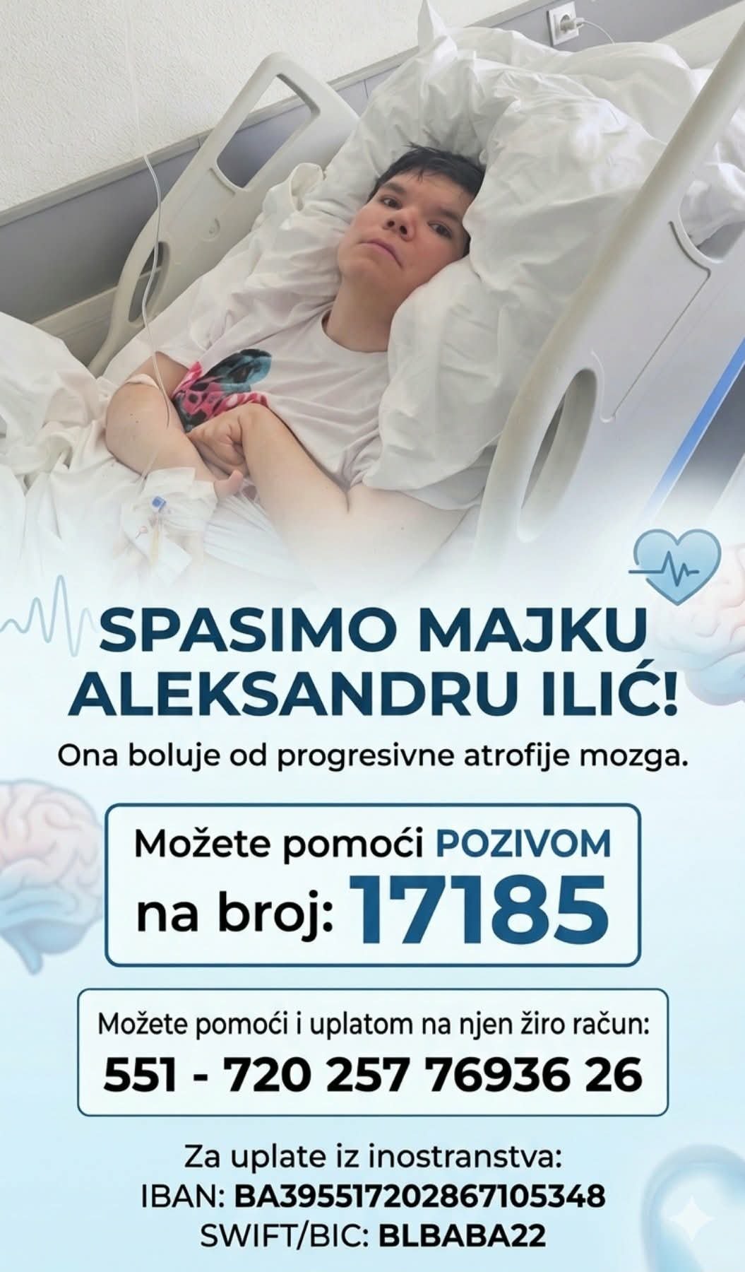 HITAN APEL: Pozivom na broj 17185 donirajte 2 KM za liječenje Aleksandre Ilić