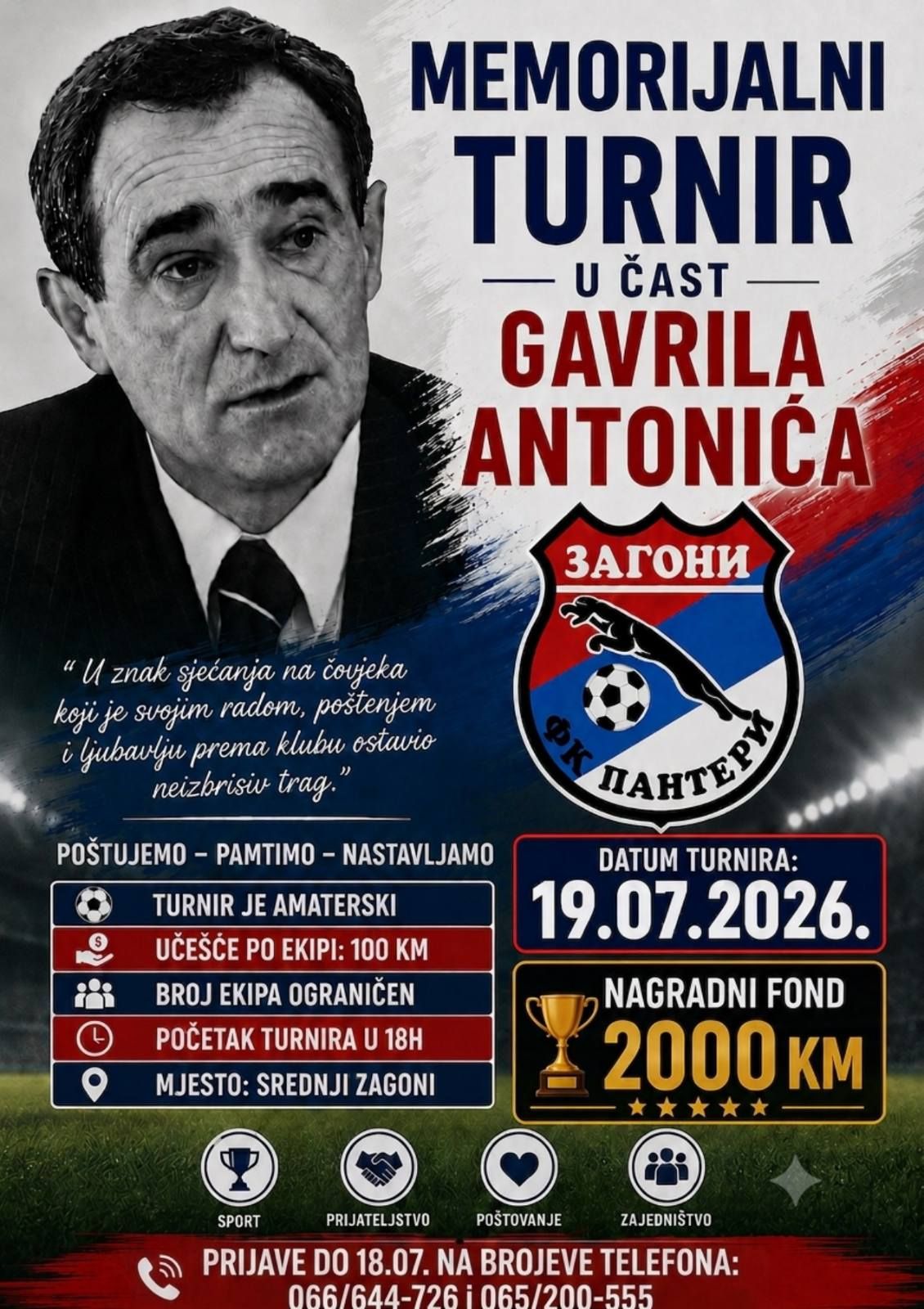 BIJELJINA: Memorijalni turnir u čast Gavrila Antonića 19. jula u Srednjim Zagonima